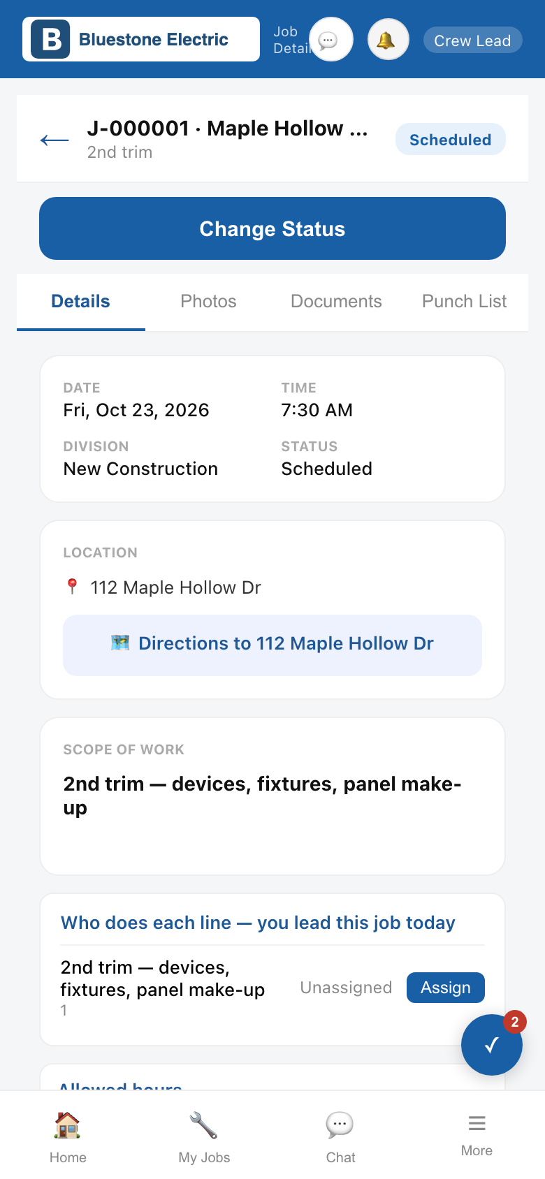 The crew app on a phone, showing a job without prices