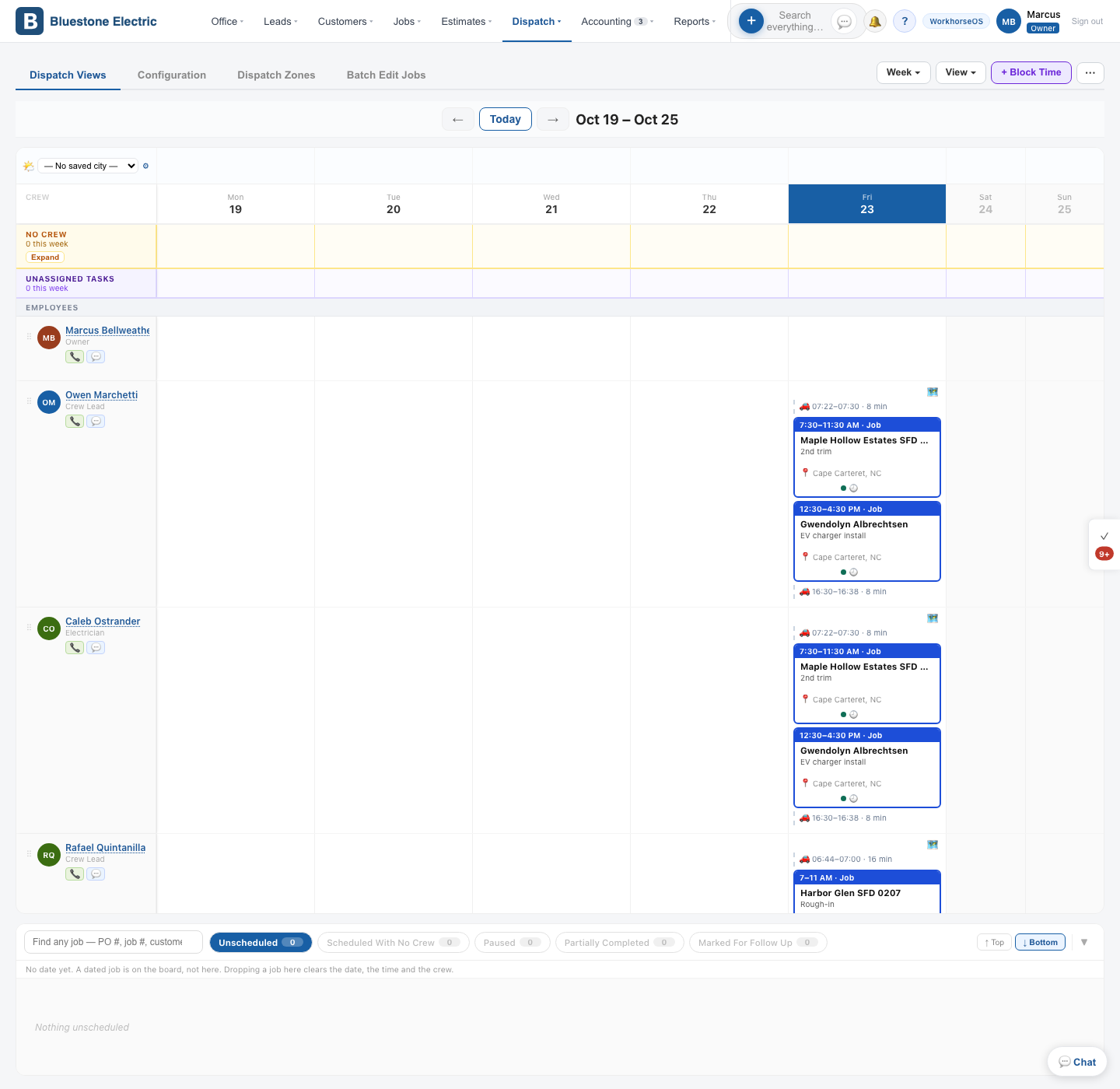 The dispatch board with crews and days