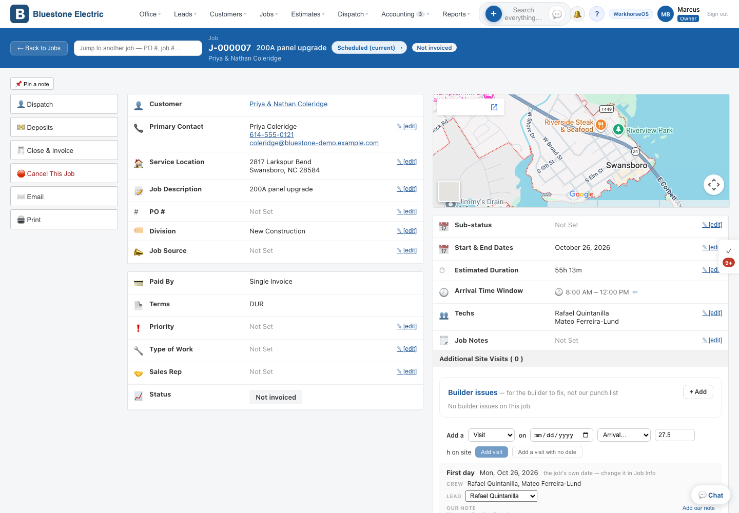 A job page: customer, contact, location, dates, crew and the job's visits